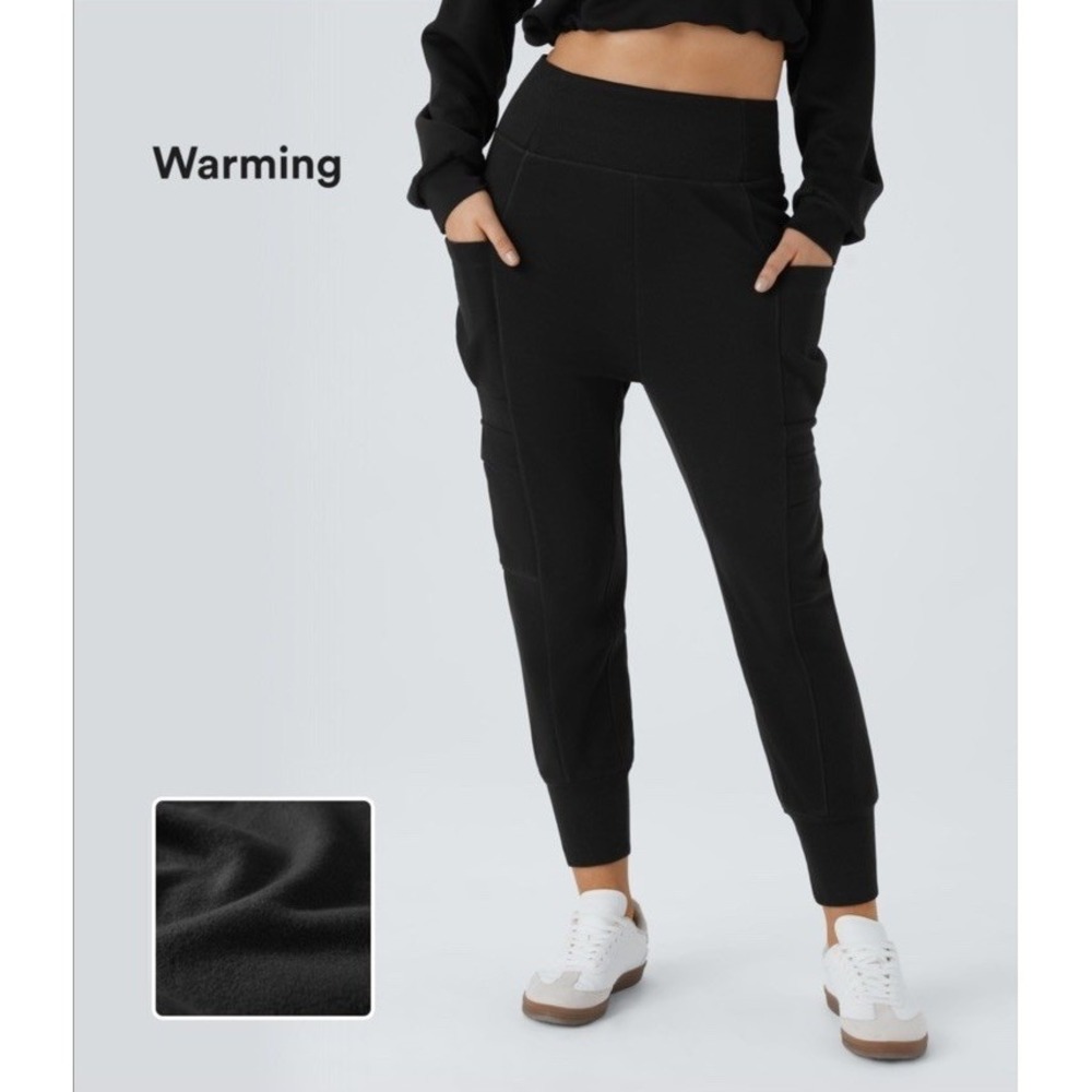 Halara High Waisted Fold over Harem Fleece Joggers Black NWT Casual Cargo Small